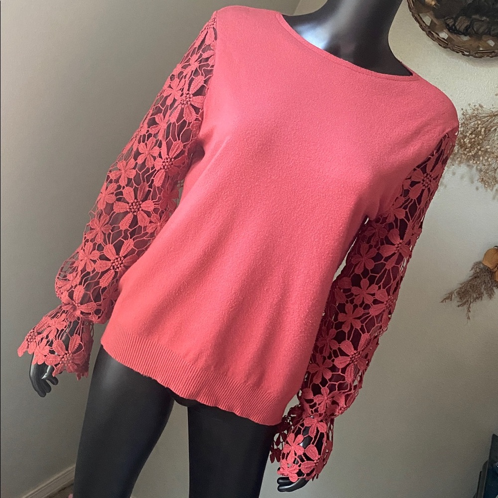 Sioni Blush Red Sheer Lace Floral Sleeve Blouse Sweater Top